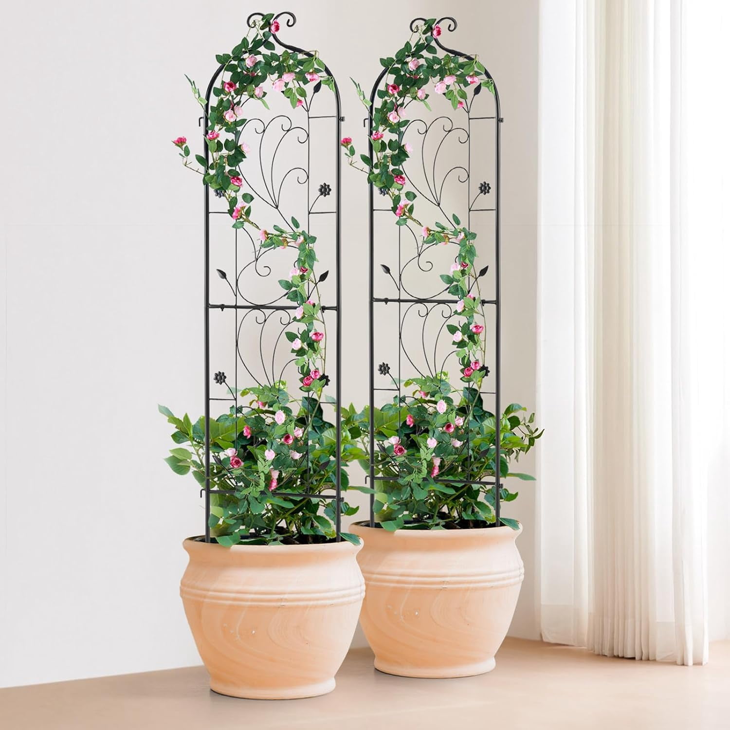 CHTER Garden Trellis for Climbing Plants, 60 x 15 in, 2 Packs Rustproof Metal Garden Flower Trellis, Outdoor Climbing Rose Trellis Cucumbers Support, Decorative Clematis Trellis for Courtyards Lawns
