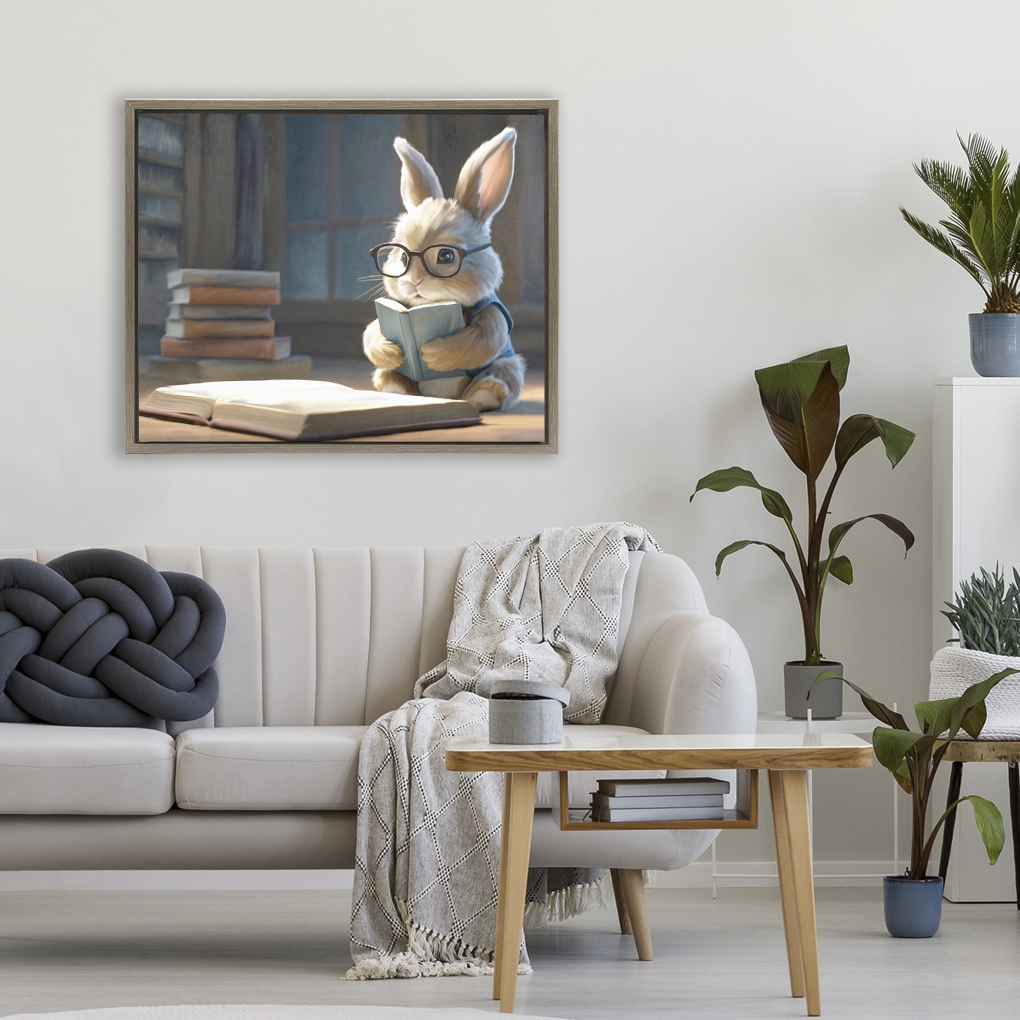 Stupell Industries Bookish Bunny at Desk Brown Framed Floater Canvas Wall Art, design by Kim Allen