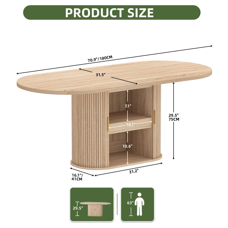 Uforic Oval Dining Table for 6-8 People, 70.9" Modern Kitchen Table with Fluted Base and Storage, Oak