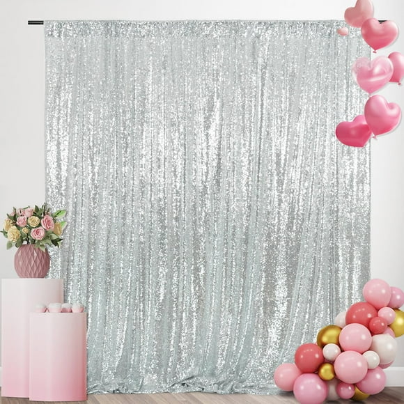 SquarePie Sequin Backdrop 10FT x 10FT Silver Background Sparkly Curtain for Wedding Party Decoration