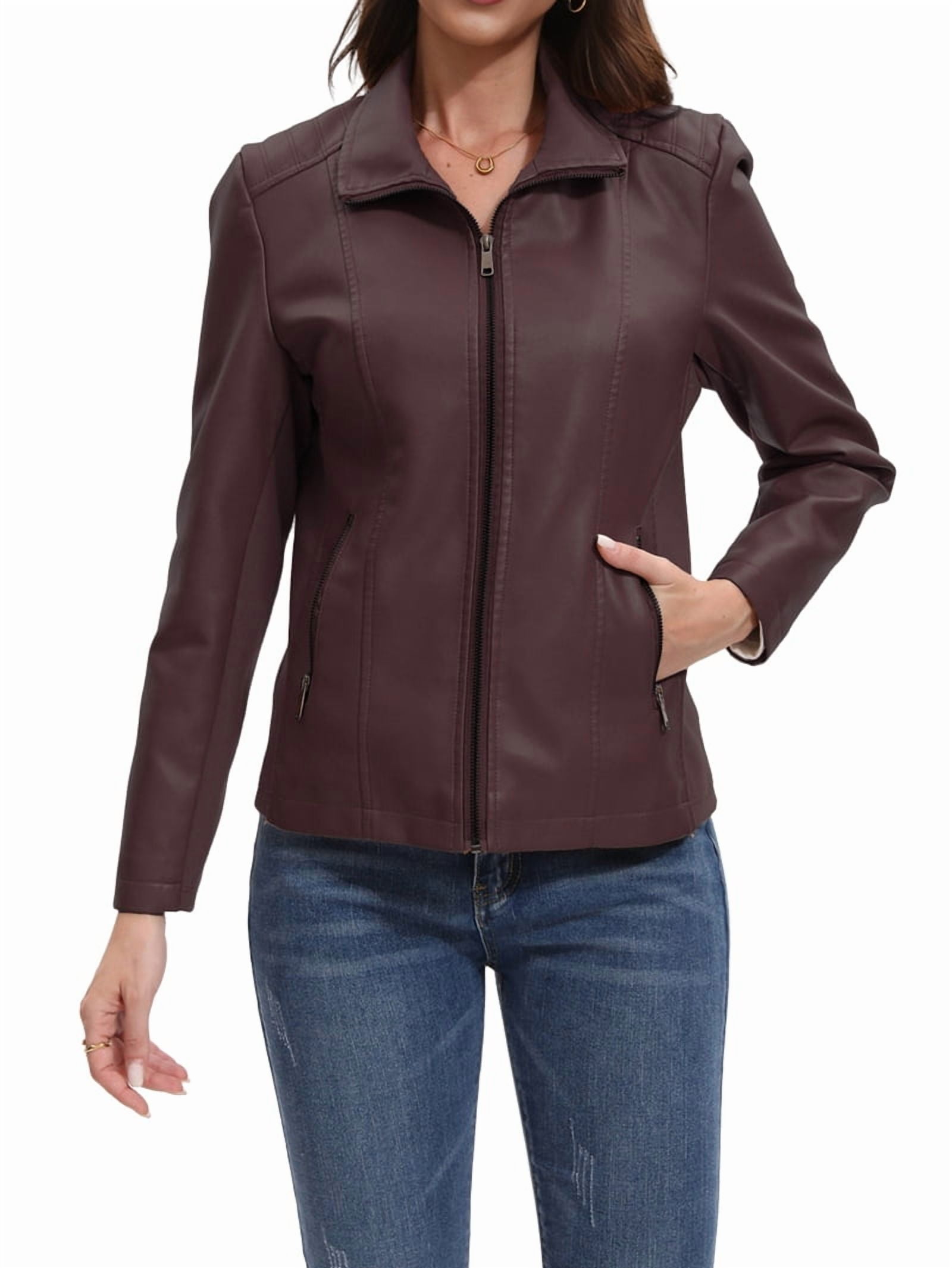 Faux Leather Jacket for Women Motorcycle Fashion Zip Up Coat Trendy Going Out Jackets Coffee XL