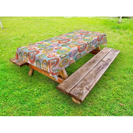 

Retro Outdoor Tablecloth Hippie Style Punk Sixties Circles Ring Shapes Round in Colors Various Weathered Tones Decorative Washable Fabric Picnic Table Cloth 58 X 84 Inches Multicolor by Ambesonne