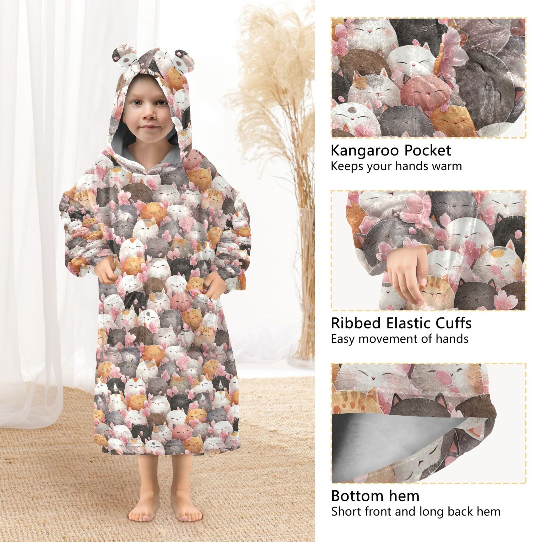 Wearable Blanket Hoodie for Kids Cute and Funny Cat Flannel Hooded Blanket with Pockets and Sleeves Suitable for Boys and Girls