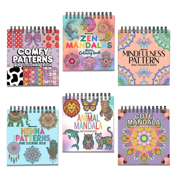 Pattern Mini Coloring Book Spiral Bound for Adult, Pack 6, 3.5” x 3.5” Pocket Size, 40 Coloring Pages Stress & Anxiety Relief, Travel for Women Men