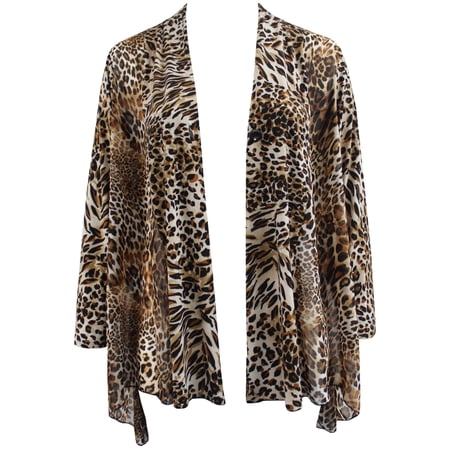 Plus Size Women's Long Sleeve Open Front Cardigan Knit Top Sweater Cover Up Coffee Leopard 2X (17.040)