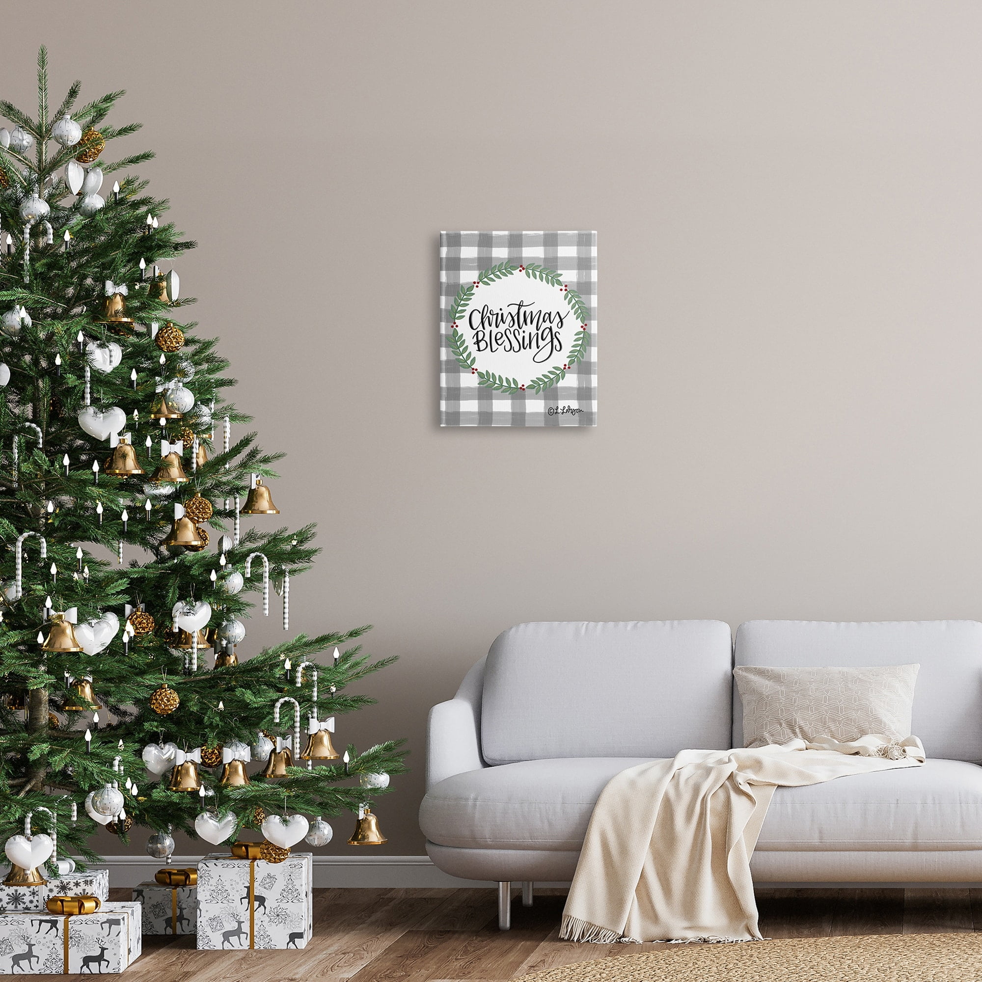 Christmas Blessings Calligraphy Tartan Holly Sprigs Border Inspirational Graphic Art Gallery-Wrapped Canvas Print Wall Art