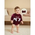 thumbnail image 5 of Gzhioc Infant Baby Girl Christmas Fall Romper 0 3 6 12 18 Months Letter Embroidery Long Sleeve Velvet Romper Bow Headband 2 Piece Set, 5 of 9