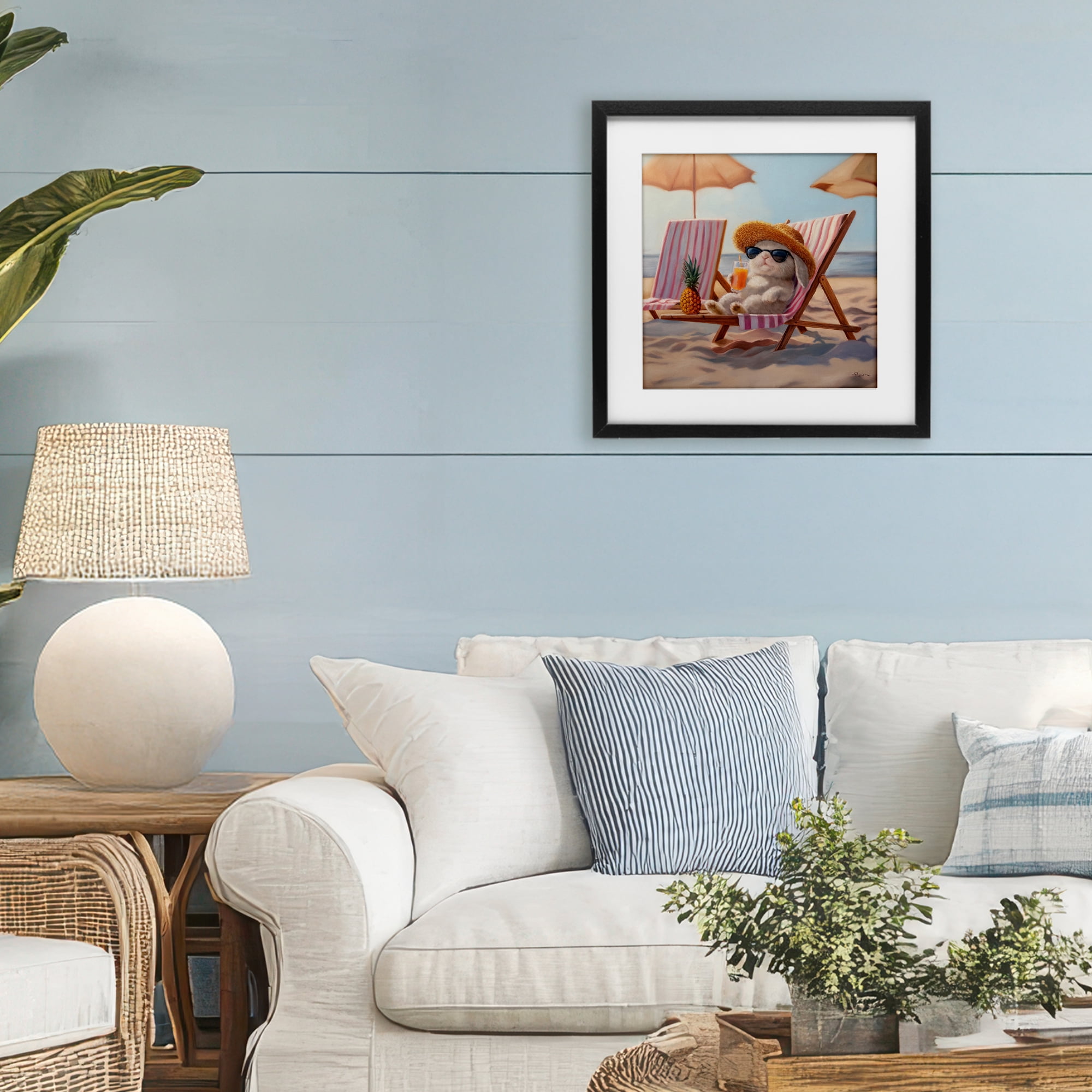 Beach Bun Relaxation Black Framed Print Under Glass, design by Lucia Heffernan