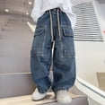 thumbnail image 3 of CPNG Baggy Straight Cargo Jeans for Boys Elastic Waist Y2k Streetwear Wide Leg Jeans Kid Pull On Denim Pants Drawstring Denim Pants Trendy Relaxed Trousers with Flap Pockets, 3 of 3