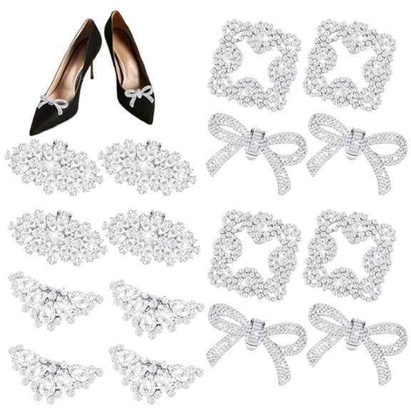 16 Pieces Shoe Clips Set, Sparkling Rhinestone and Pearl Shoe Buckles with Bow Square Wing Designs, Non-Slip Metal Clips for Women Dress Shoes Party Wedding