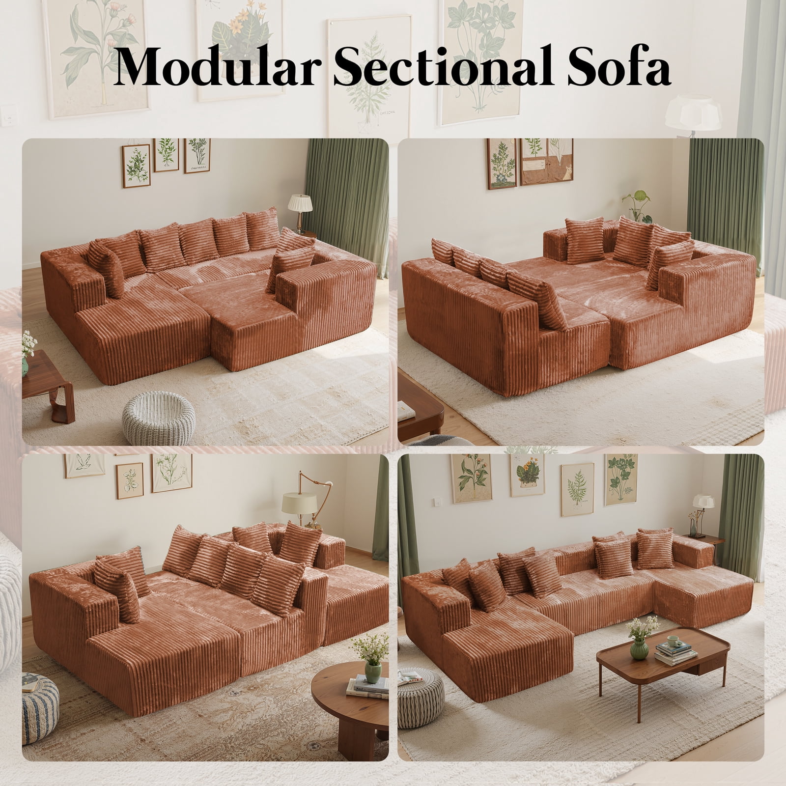 Kelyda 130'' U Shaped Sectional Couches, Modern Deep Seat Foam Boneless Cloud Sofa for Living Room Brown