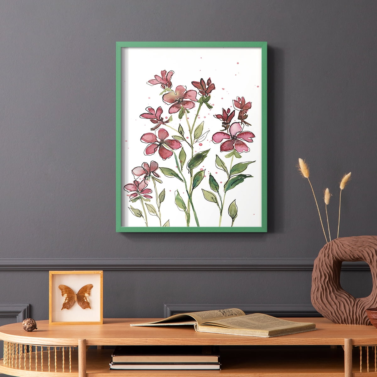 Watercolor Floral Stems II Framed Print in Green Solid Wood 11 x 14 Framed Print