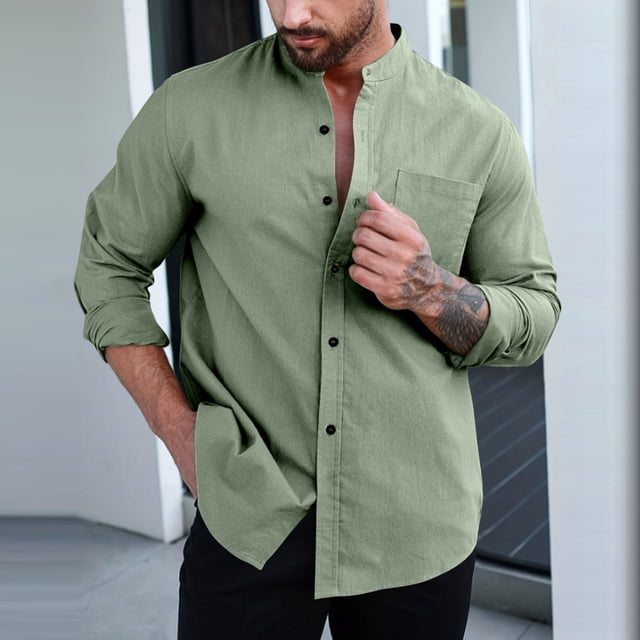 Blusa y camisa de manga larga con cuello alto para hombre, de verano, de color liso, de manga larga, con solapa y botones, estilo cárdigan, con bolsillo, blusa de moda, camisa de poliéster para hombre