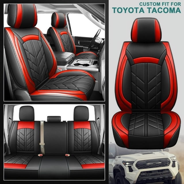 Customed For 2005-2023 Toyota Tacoma Crew Cab Front&Rear Seat Covers PU Leather Full Set,Black&Red