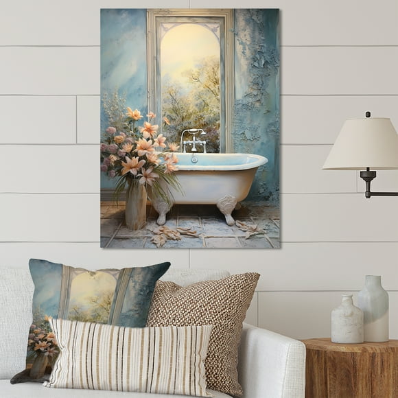 Designart "Oasis of the Bathroom II" Bathroom Metal Wall Art, White Metal Wall Decor, Traditional Metal Art Decor For Office Room - 12x20 Inch