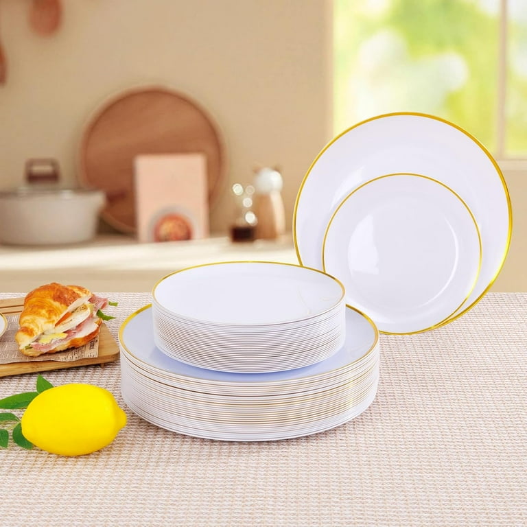 120 Pcs White and Gold Plastic Plates for Party Disposable Plates