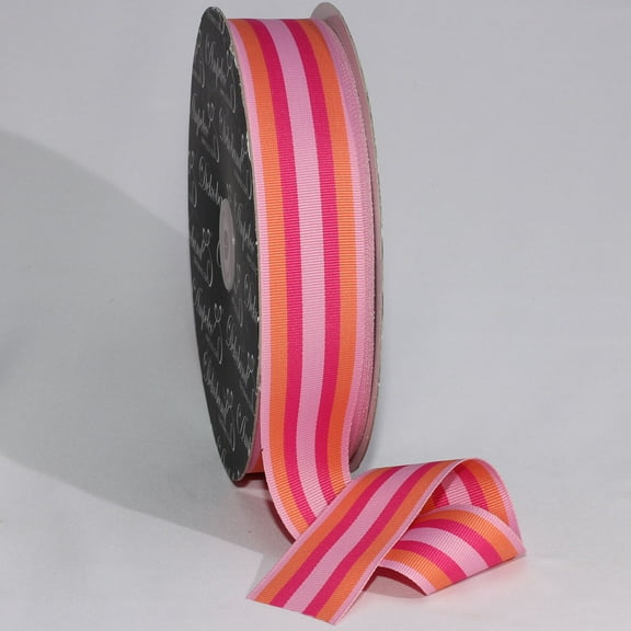 The Ribbon People Pink and Orange Striped Woven Grosgrain Craft Ribbon 1.5" x 55 Yards