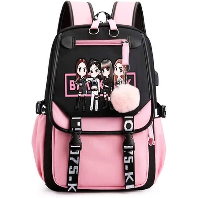 Mochila Bolsa para computadora portátil Mochila escolar Mochila con carga USB y puerto para auriculares (negro y rosa) A -