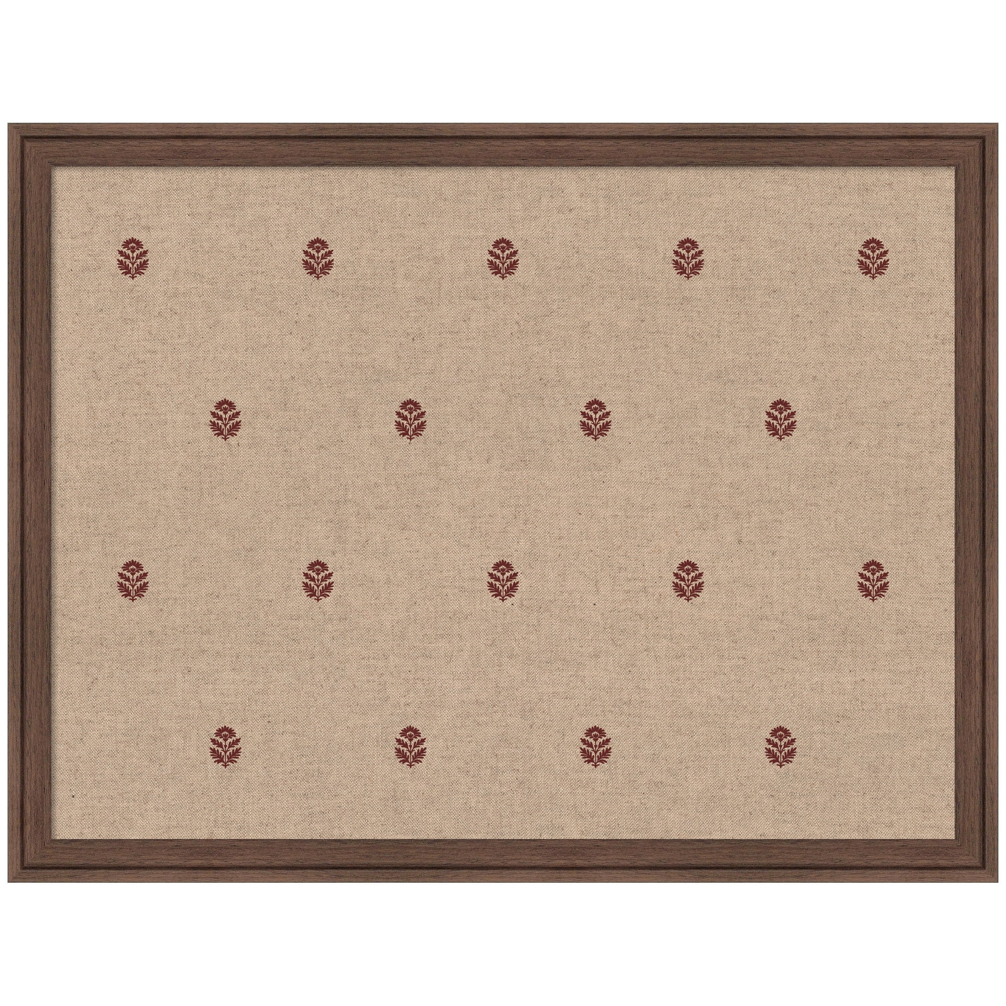 Kate and Laurel Framed Fabric Pinboard 26 x 20, Red Botanical Block Print Printed Linen Classic Bulletin Board for Use as a Vision Board or Wall Organization, Florence Medium Brown Frame