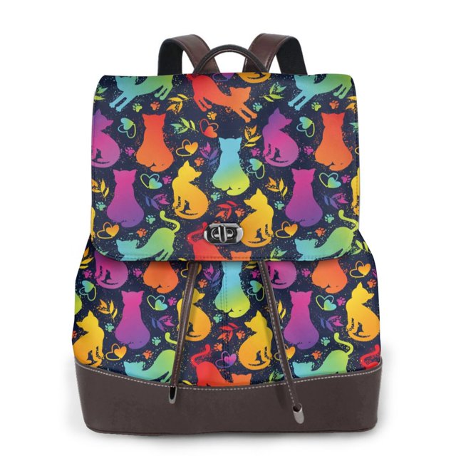 Balery Colorful Cats Mochila de Cuero para Mujeres, Gran Capacidad, Bolsa de Viaje Multifuncional, Mochila de Cuero y Bolsa de Hombro para Mujeres