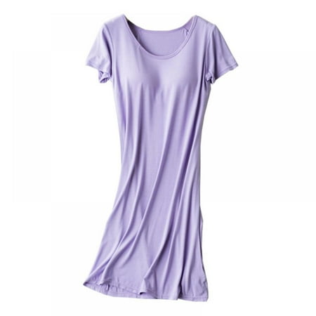 

Women Nightgown Short Sleeves Modal Cotton Sleepwear Shirt Casual Solid Color Sleepdress Nightdress With Chest Pad
