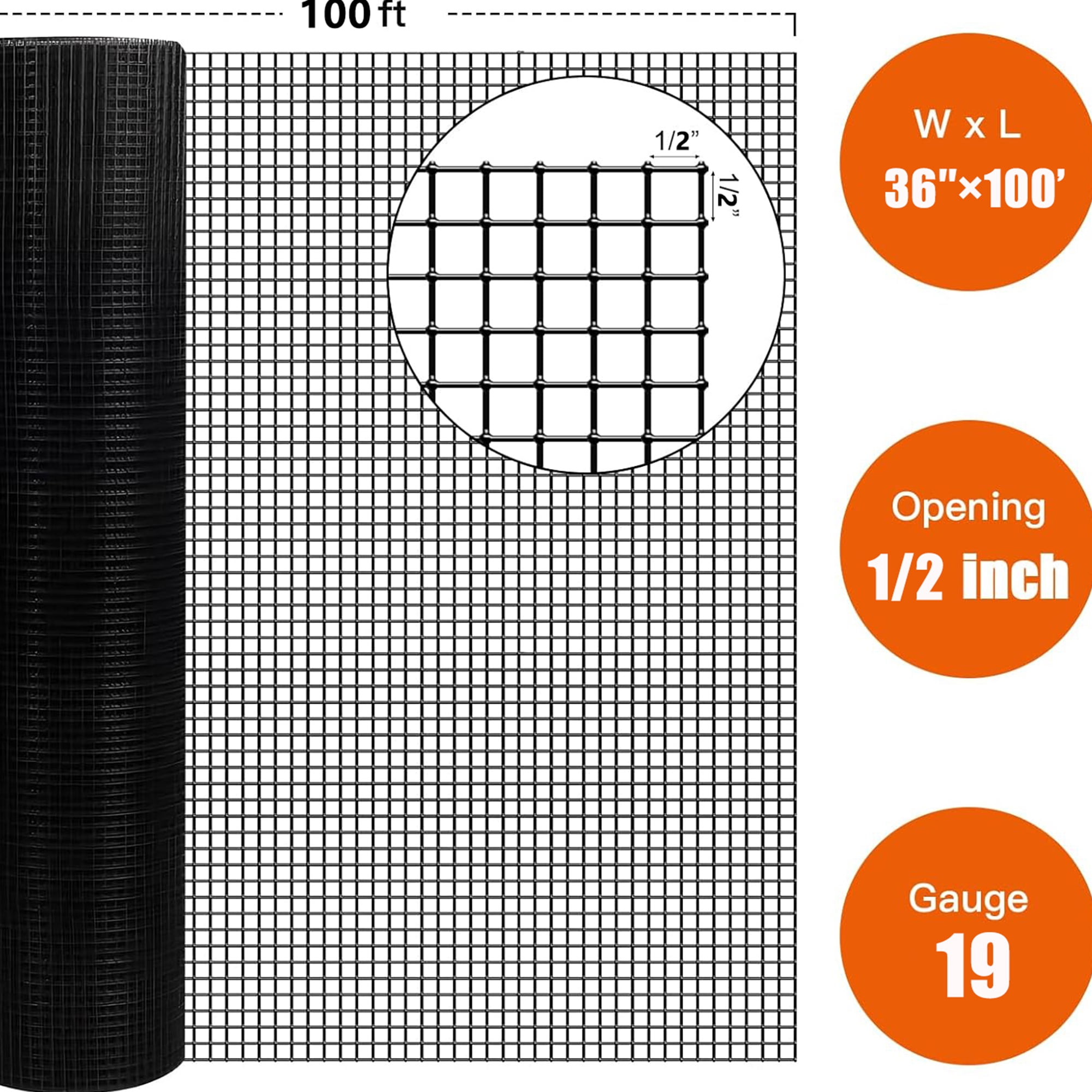 Miniyam 36" x 100' - 1/2 Inch 19 Gauge Black PVC Coated Welded Wire Mesh, Hardware Cloth for Poultry Netting, Chicken Coop Fencing, and Home Improvement Projects