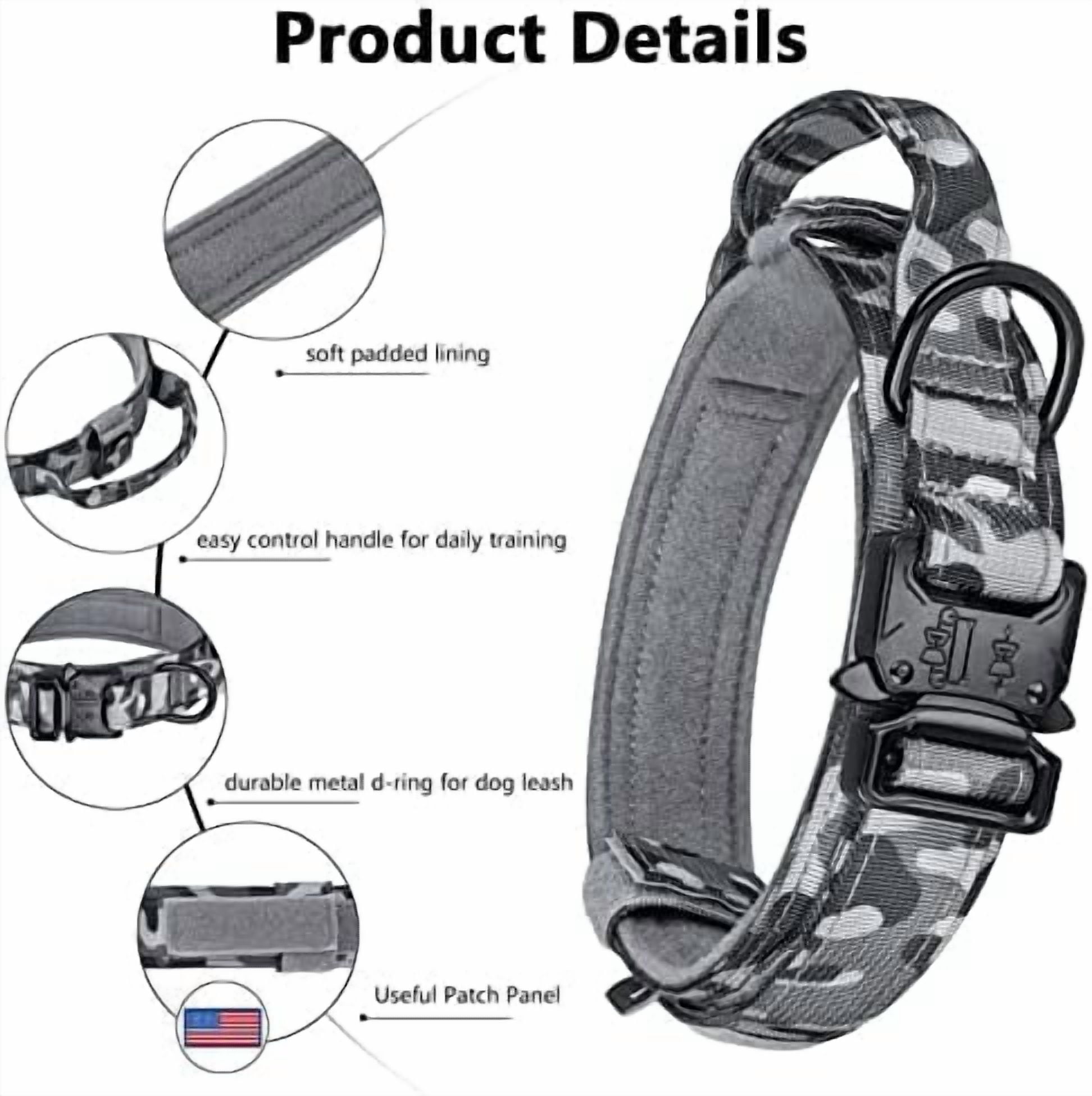 Tactical Dog Collar, Adjustable Military Training Nylon Dog Collar with Control Handle and Heavy Metal Buckle for Medium and Large Dogs, with Patches and Airtags Case (L, Camo)