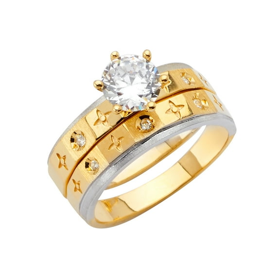Wellingsale Ladies Solid 14k Two 2 Tone White and Yellow Gold Polished Diamond Cut CZ Cubic Zirconia Engagement Ring   Wedding Band Bridal Set - Size 4