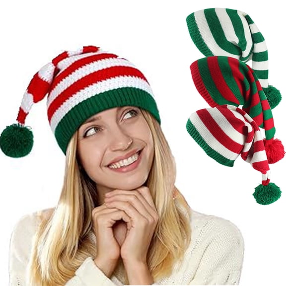 Achuyrbd Christmas Striped Elf Knit Beanie Hat, Long Tail Pom Pom Winter Holiday Xmas Warm Cap for Adults Unisex