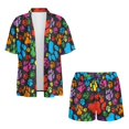 thumbnail image 4 of FKELYI Women's 2 Piece Set Short Sleeve Shirt & Shorts with Elastic Waist Summer Beachwear Colorful Dog Paw Print Soft Vacation Outfits Open Front Top Lounge Set, XL, 4 of 7