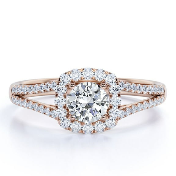 JeenMata 1.25 Carat Round Cut Halo Engagement Ring in 18K Rose Gold over Silver