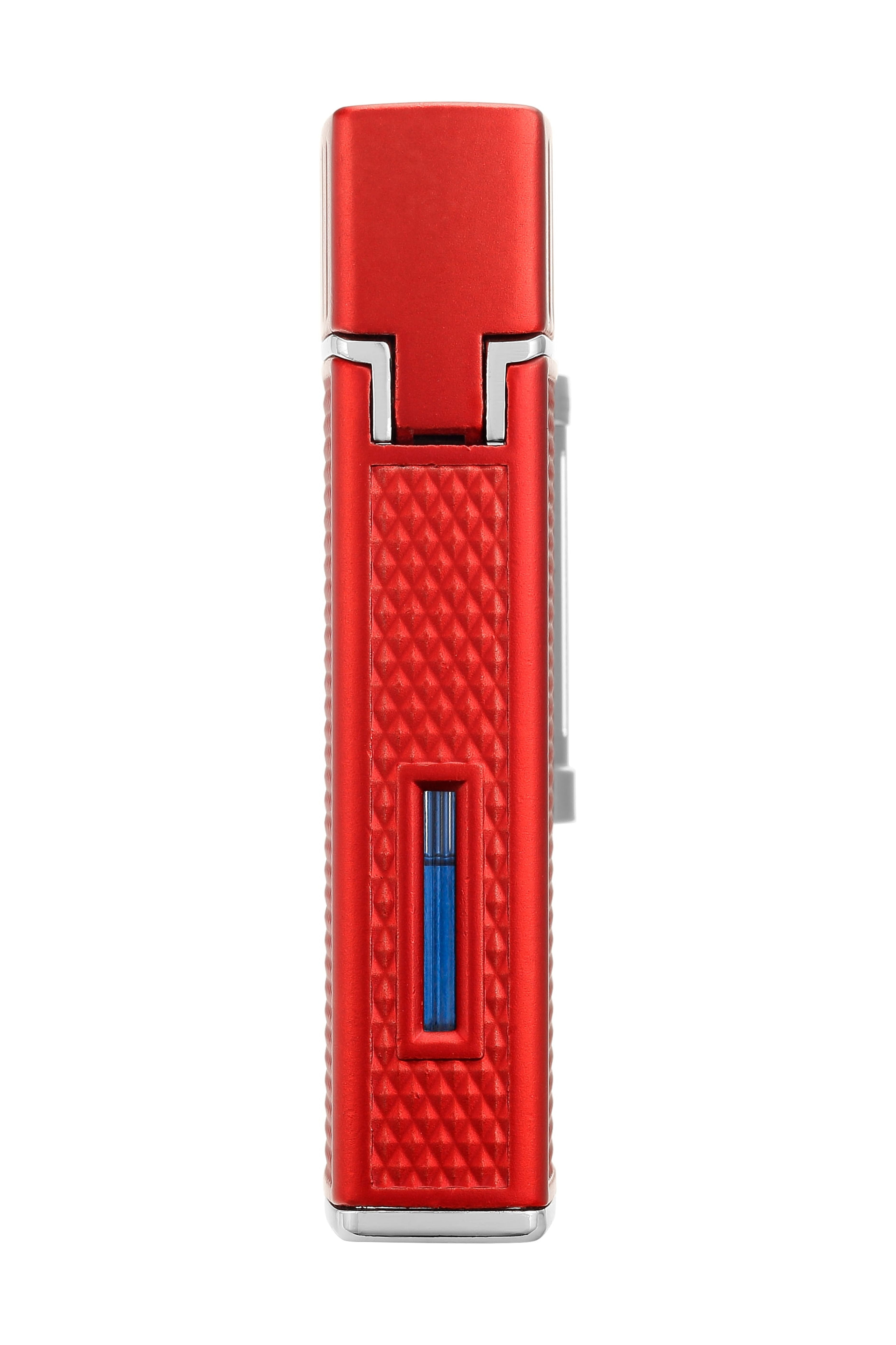 Colibri Julius Double Flame Butane Flint Cigar Lighter with Diamond-Pattern Case, Windproof & Refillable, Cigar Enthusiast's Choice with Blue Fuel Window and Adjustable Flame (Red)