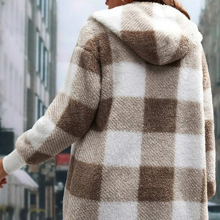 Plaid Open Front Dropped Shoulder Hooded outlet Fleece Jacket