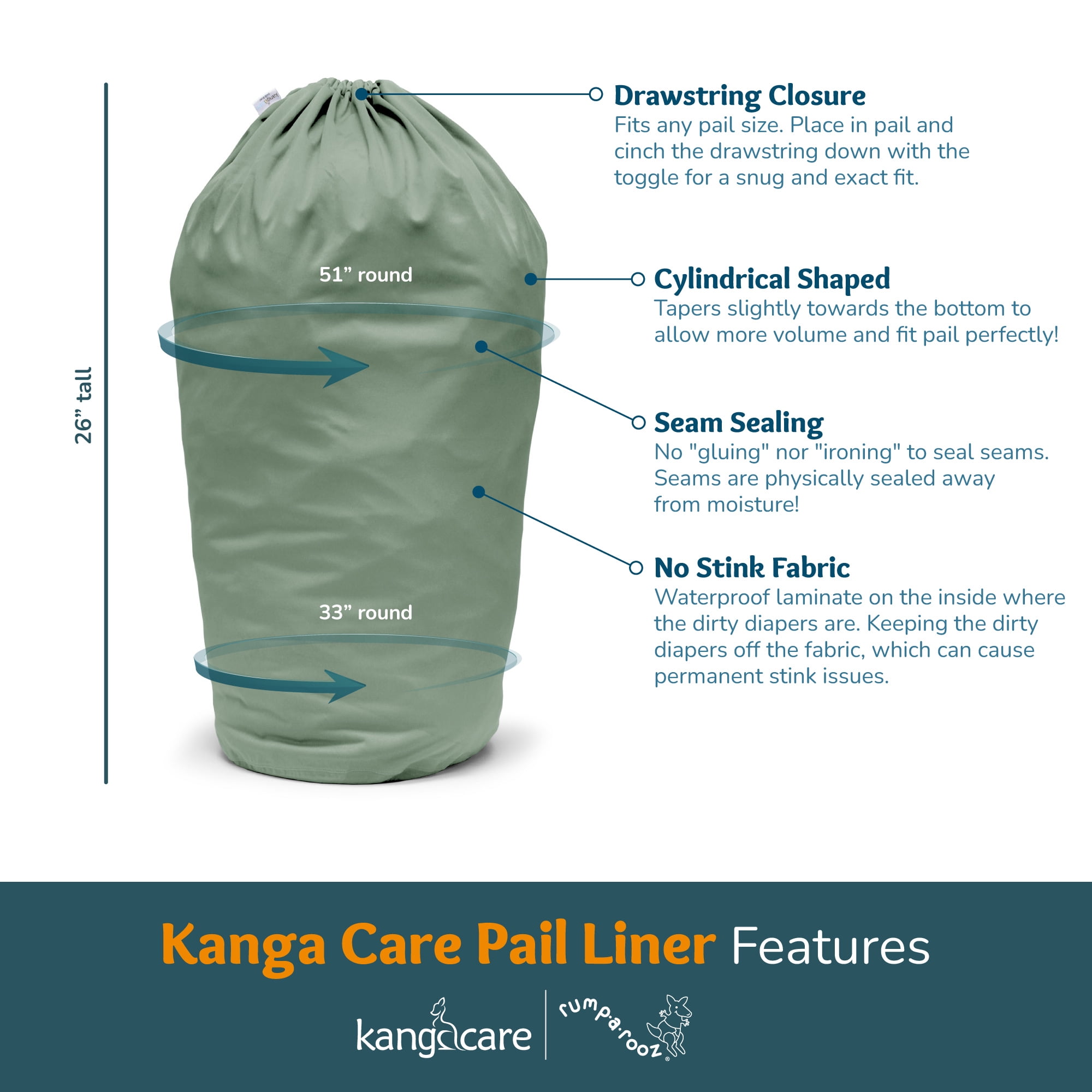 Kanga Care Seam Sealed Drawstring Reusable Diaper Pail Liner Large Barrel Shape 26" height x 51" top x 33" base | Platinum