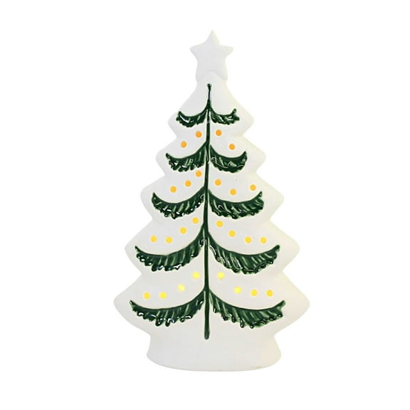 Christmas Cream Holiday Lit Tree Stoneware Green Boughs Star Mx180323