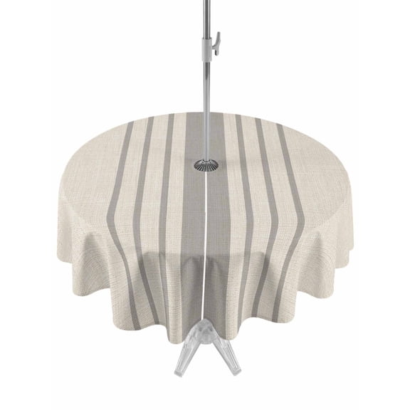 Outdoor Tablecloth with Umbrella Hole and Zipper, Grey Striped Waterproof Patio Tablecloth for Dining Round 54'', Beige Geometric Modern Minimalist Wipeable Table Cover for Picnic BBQ Party Patio