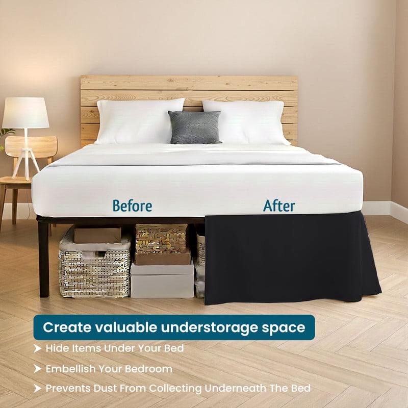 Cal-King Tailored Style Bed Skirt, 16" Drop Length, Soft 100% Microfiber, Quadruple Pleated Tailored Design, Hotel Quality, Black Solid