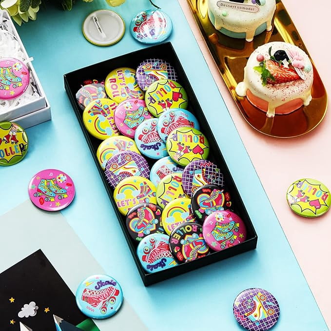 36Pcs Roller Skate Party Favors, Roller Skating Button Pins Bulk for Roller Skating Birthday Party Decorations, Tinplate Badge Pins for Retro 90s Throwback Hip Hop Baby Shower Party Supplies