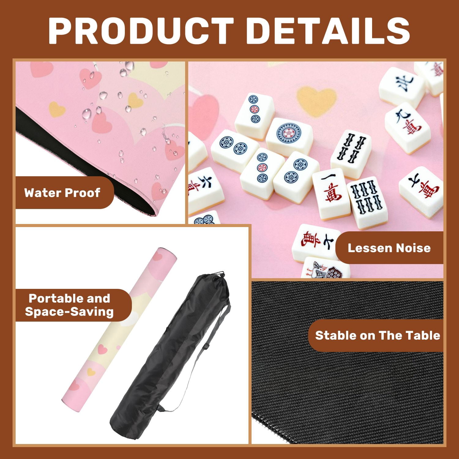 Mahjong Mat 31.5" x 31.5" Cute Pastel Pink Ice Cream Cupcake Hearts Clouds Non-Slip Noise Reduction American Mahjong Tiles Table Cover for Dominoes Poker Card Board Games Gift