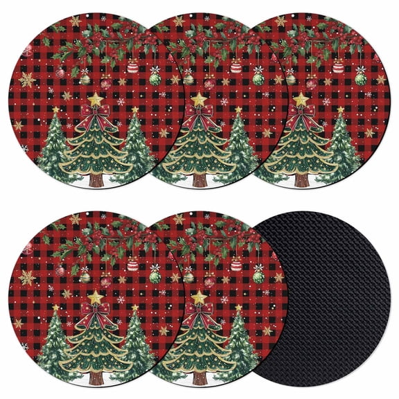 Christmas Tree Coasters Set of 6, Absorbent Coasters for Drinks, Winter Xmas Ball Snowy Red Black Plaid Coaster for Desk Coffee Table Protection, Home Decor House Warming Gifts 4"
