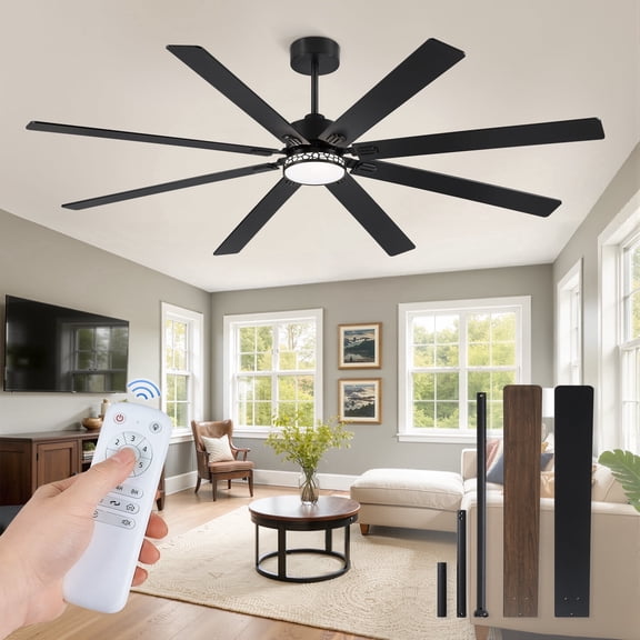Zardon 84 Inch Farmhouse Ceiling Fan with Light & Remote, 8 Black Blades, Quiet DC Motor, Adjustable for Large Rooms