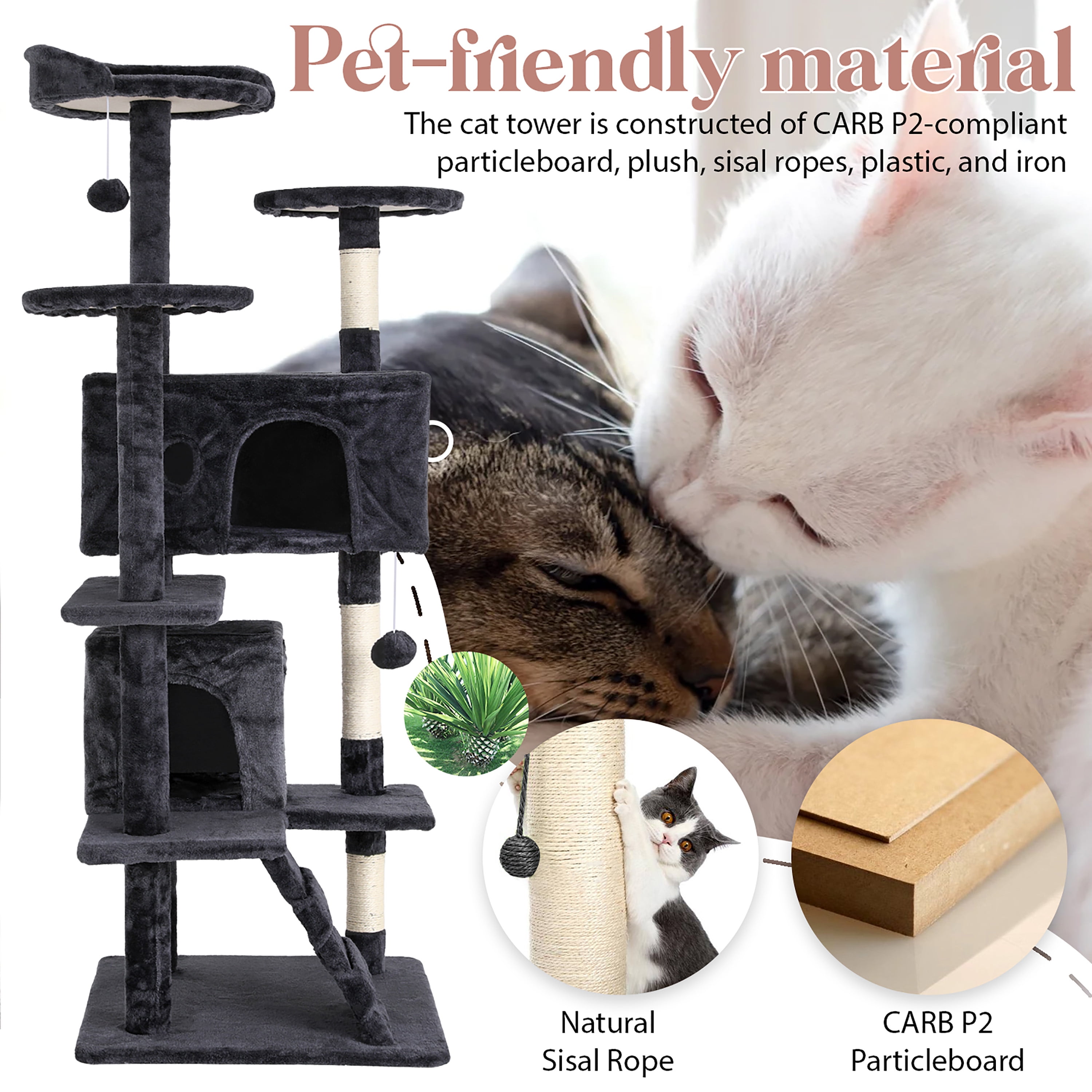 Tabby Indoor Upholstered Faux-Fur Wood Dark Gray Cat Condo Tree Tower for Pet Room