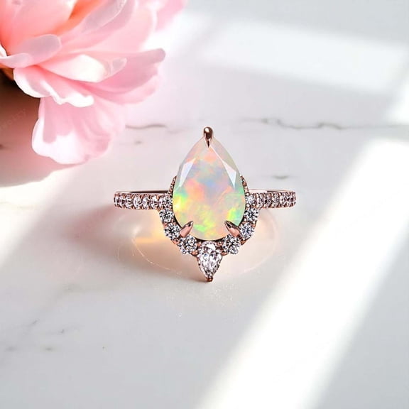 SHREENATHJEWELRY 7x5MM / 1.5CT Opal Engagement Ring CZ Diamond Half Halo Proposal Ring October Birthstone Women Jewelry Personalized Gift For Her