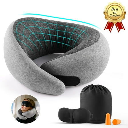 KAIPARA Travel Pillows for Airplanes, Neck Pillow Airplane with  3D Contoured Eye Mask & Ear Plugs, Memory Foam Travel Pillow Neck Pillow for Traveling Suitable for Airplanes,Offices and Cars