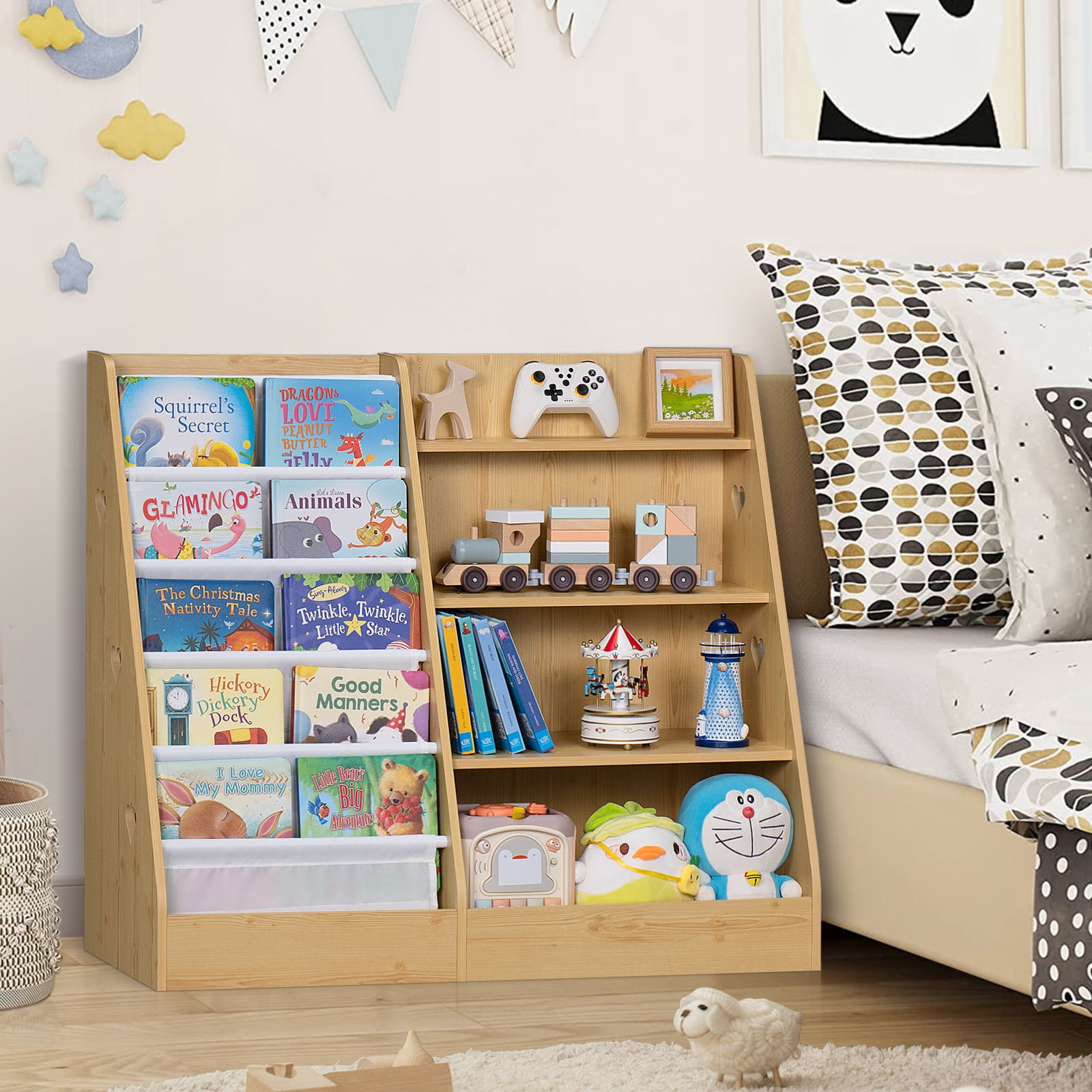 LELELINKY 35.5"Wide Large Kids Bookcase, 4-Tiers Kids Book Organizer Bookshelf with 5 Layer Sling, Wooden Bookshelf for Kids Room