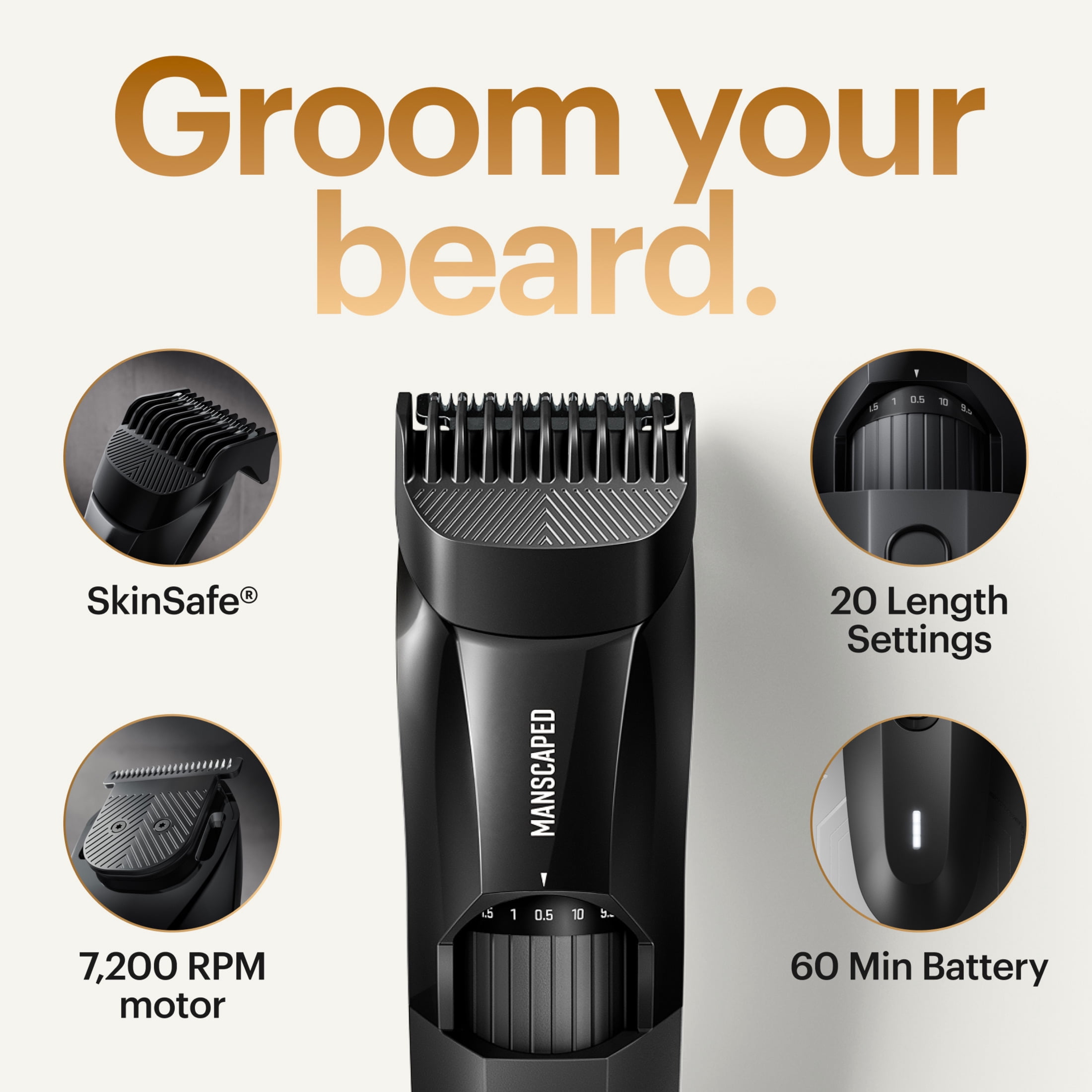 MANSCAPED® Beard Hedger® Cordless Electric Trimmer for Men's Beard, Mustache, and Stubble with Wooden Comb