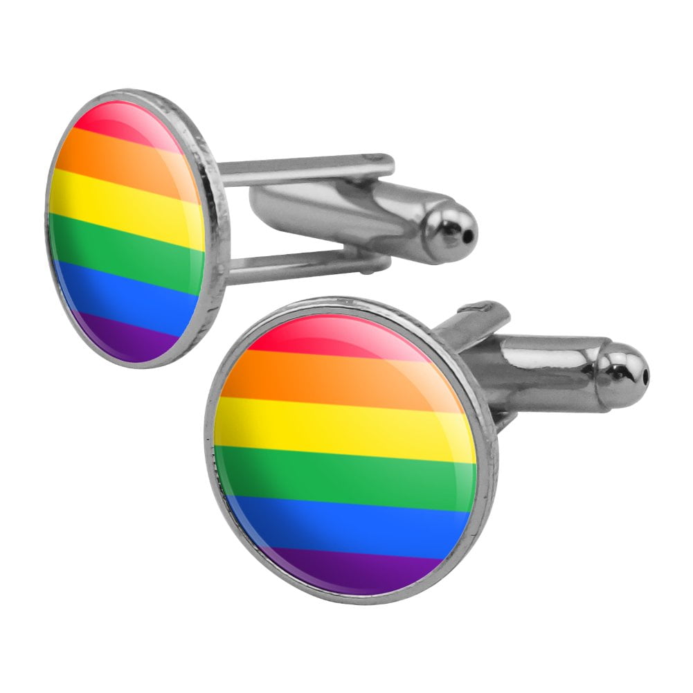 Rainbow Pride Gay Lesbian Contemporary Round Cufflink Set Silver Color