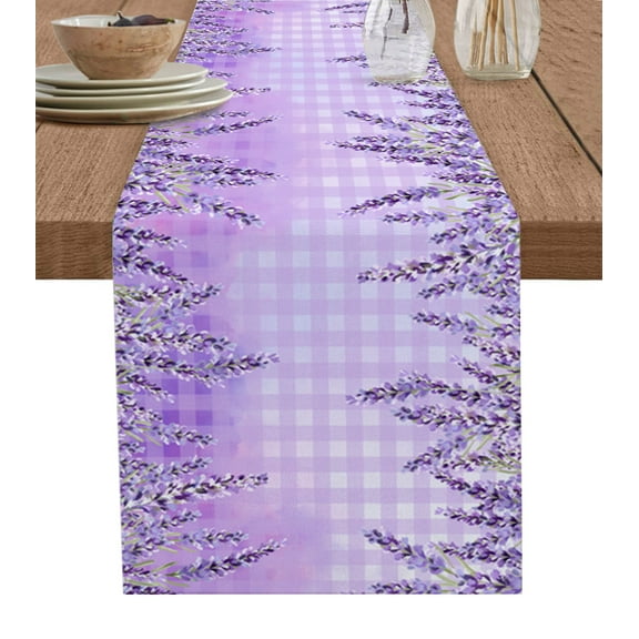 Table Runner Dresser Scarves 90 Inch Long, Spring Watercolor Purple Lavender Linen Dining Table Runners Farm Garden Art on Buffalo Plaid Tabletop Scarf for Wedding Holiday Party Kitchen