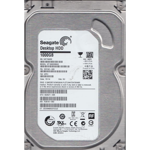 ST1000DM003, S4Y, SU, PN 1ER162-020, FW HP51, Seagate 1TB SATA 3.5 Hard Drive