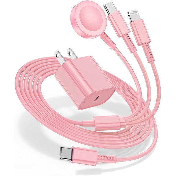 For Apple Watch Charger 6.6FT, 3 in 1 Magnetic Smart Watch Fast Charger Cable with 20W Type C Wall Charger Block for Apple Watch Series Ultra/SE/9/8/7/6/5/4/3/2/1 & i Phone16/15/14/13/12/11 (Pink)